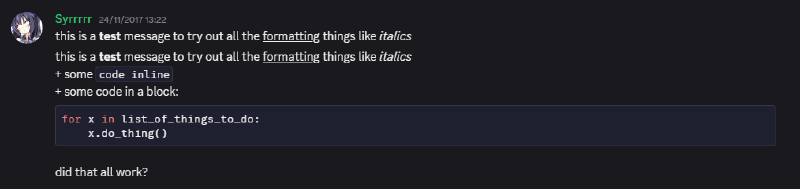 Screenshot of discord message with lots of markdown formatting