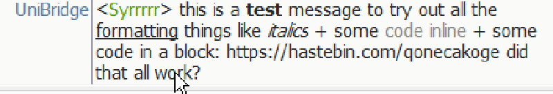 Screenshot of the relayed IRC message