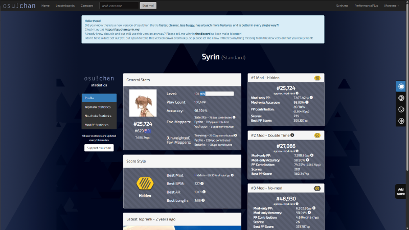 Screenshot of the profile page